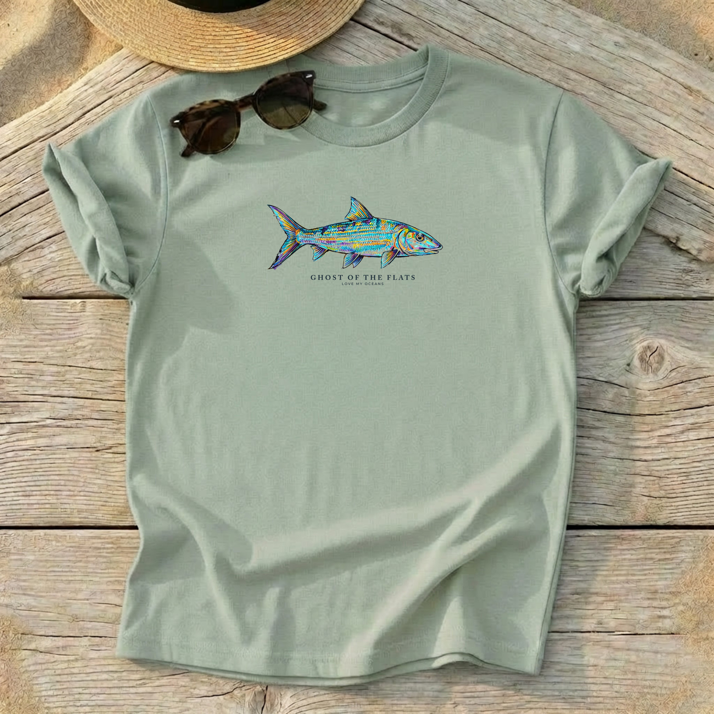 Ghost of the Flats Bonefish Tee — bonefish fly fishing shirt, flats apparel, Love My Oceans