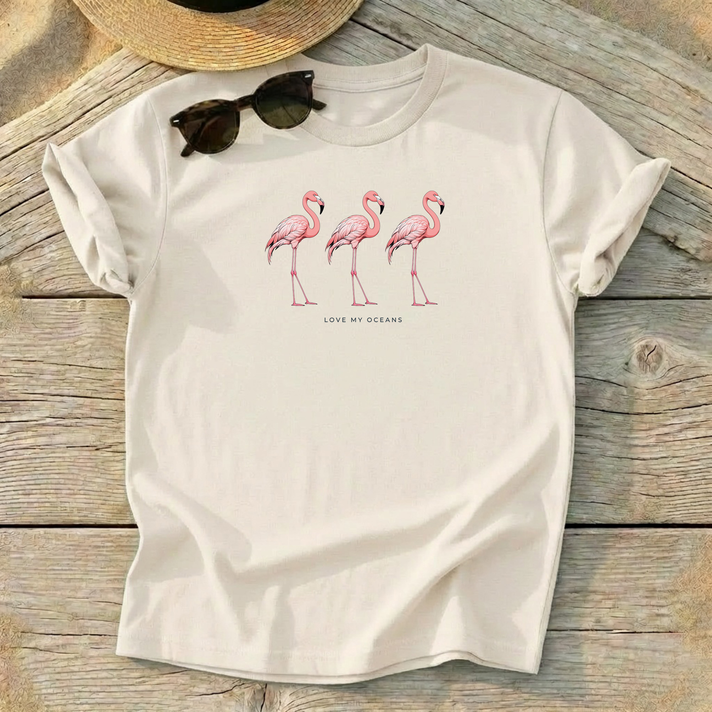 Flamingo Trio Tee — coastal nature shirt, flamingo wildlife apparel, Love My Oceans