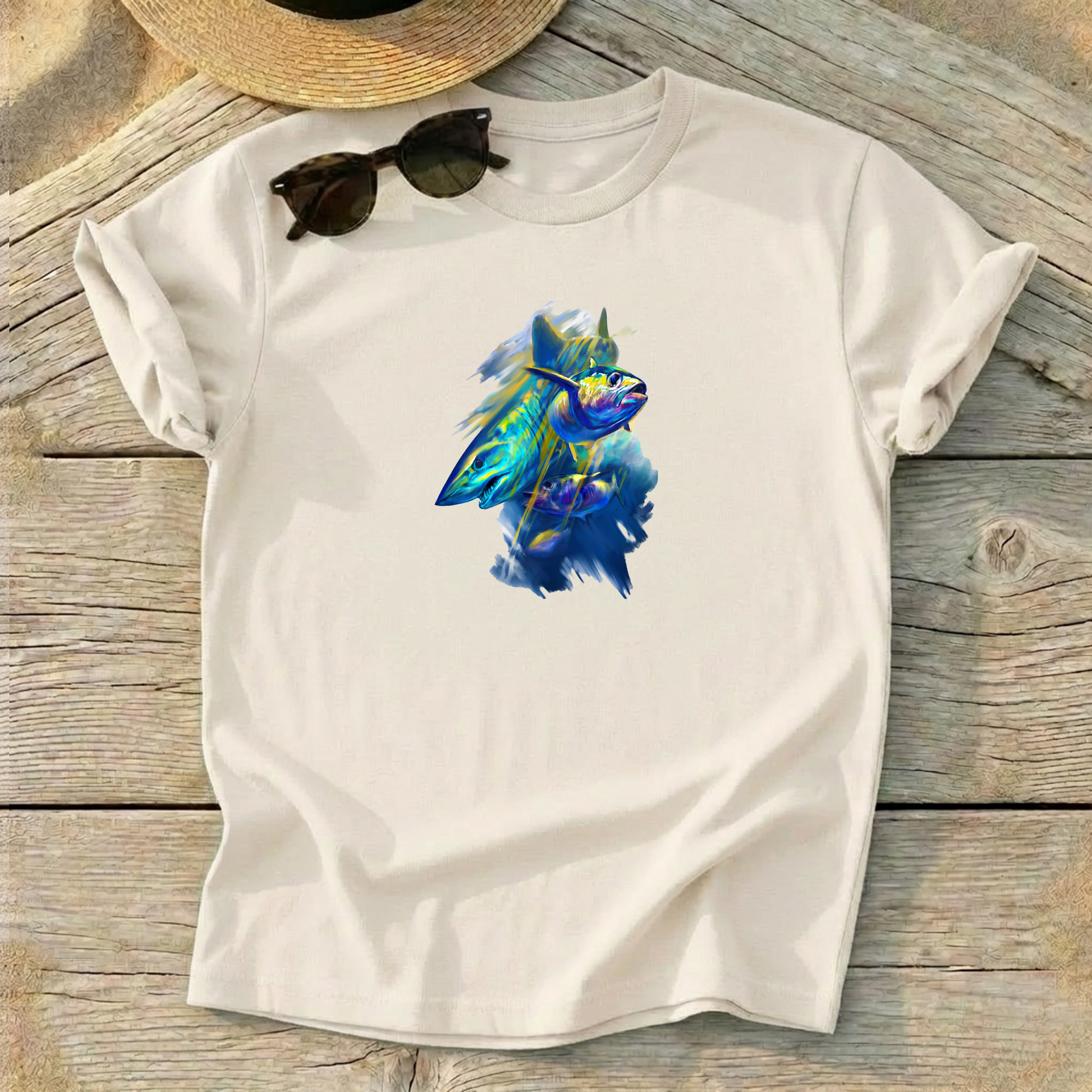 Mako & Tuna Art Tee — mako shark offshore fishing shirt, pelagic apparel, Love My Oceans