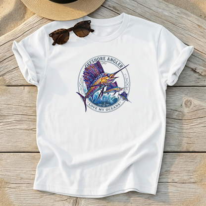 Offshore Angler Sailfish Tee — sailfish billfish fishing shirt, offshore apparel, Love My Oceans