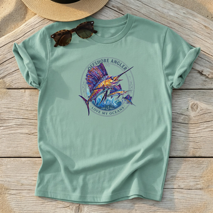 Offshore Angler Sailfish Tee — sailfish billfish fishing shirt, offshore apparel, Love My Oceans