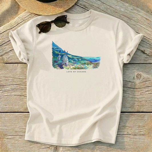 Permit on the Flats Tee — permit fishing shirt, coastal conservation apparel, Love My Oceans