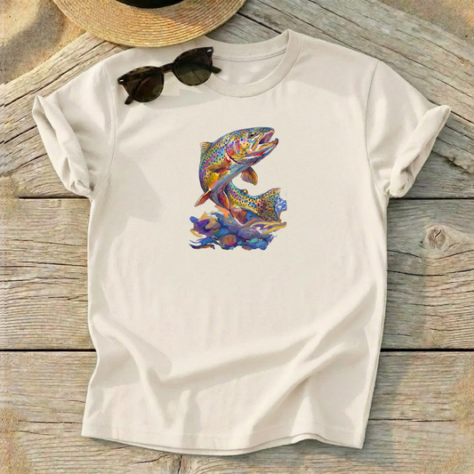 Rainbow Trout Rising Tee — fly fishing shirt, colorful trout apparel, Love My Oceans