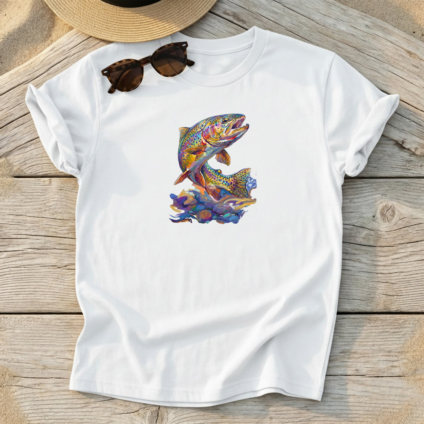 Rainbow Trout Rising Tee — fly fishing shirt, colorful trout apparel, Love My Oceans