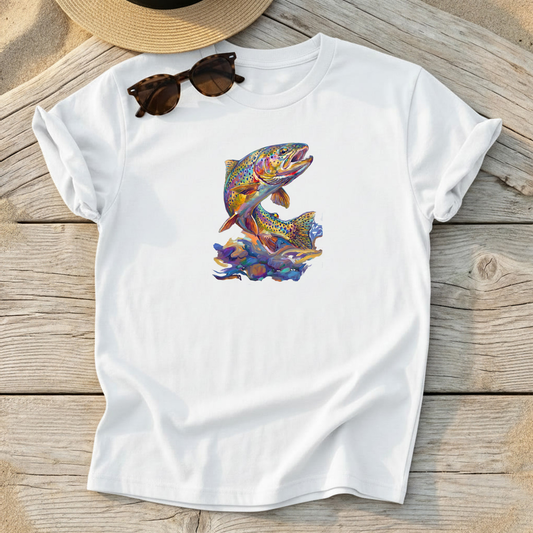 Rainbow Trout Rising Tee — fly fishing shirt, colorful trout apparel, Love My Oceans