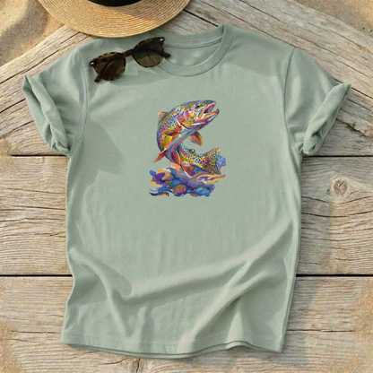 Rainbow Trout Rising Tee — fly fishing shirt, colorful trout apparel, Love My Oceans