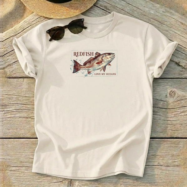 Redfish Badge Tee — redfish inshore fishing shirt, saltwater apparel, Love My Oceans