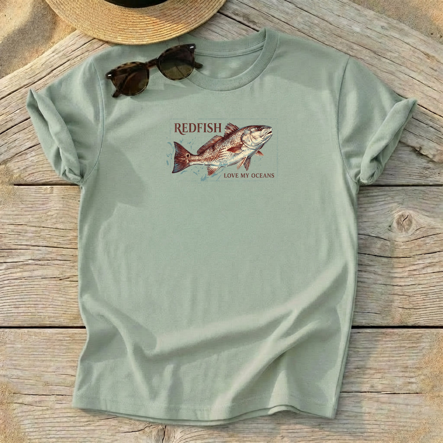Redfish Badge Tee — redfish inshore fishing shirt, saltwater apparel, Love My Oceans
