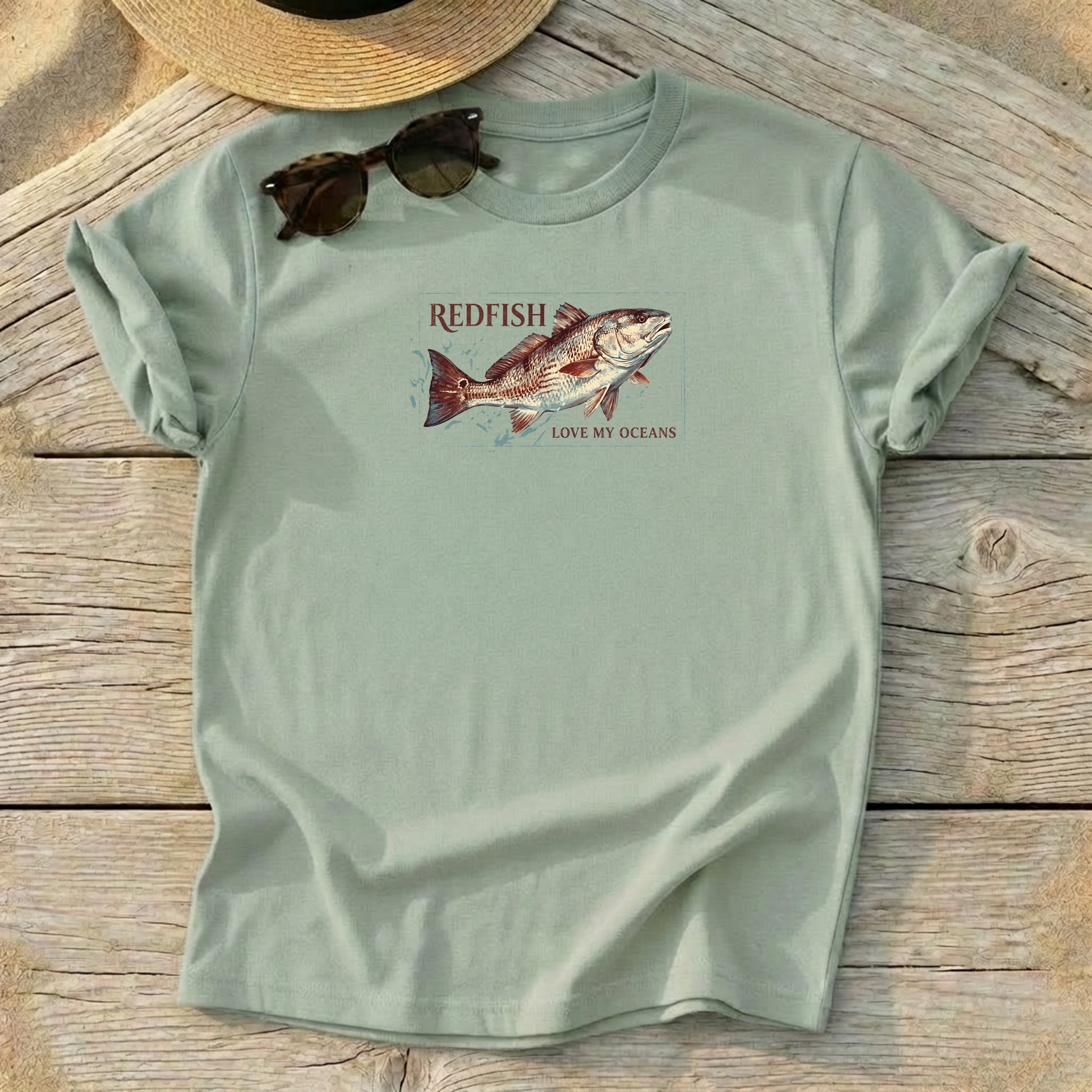 Redfish Badge Tee — redfish inshore fishing shirt, saltwater apparel, Love My Oceans