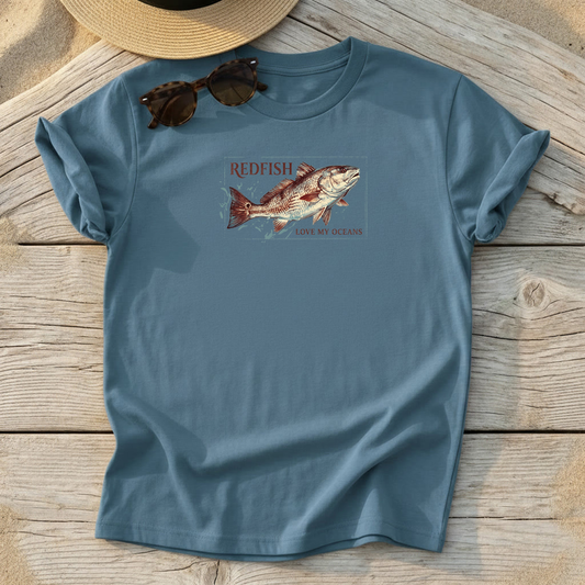 Redfish Badge Tee — redfish inshore fishing shirt, saltwater apparel, Love My Oceans