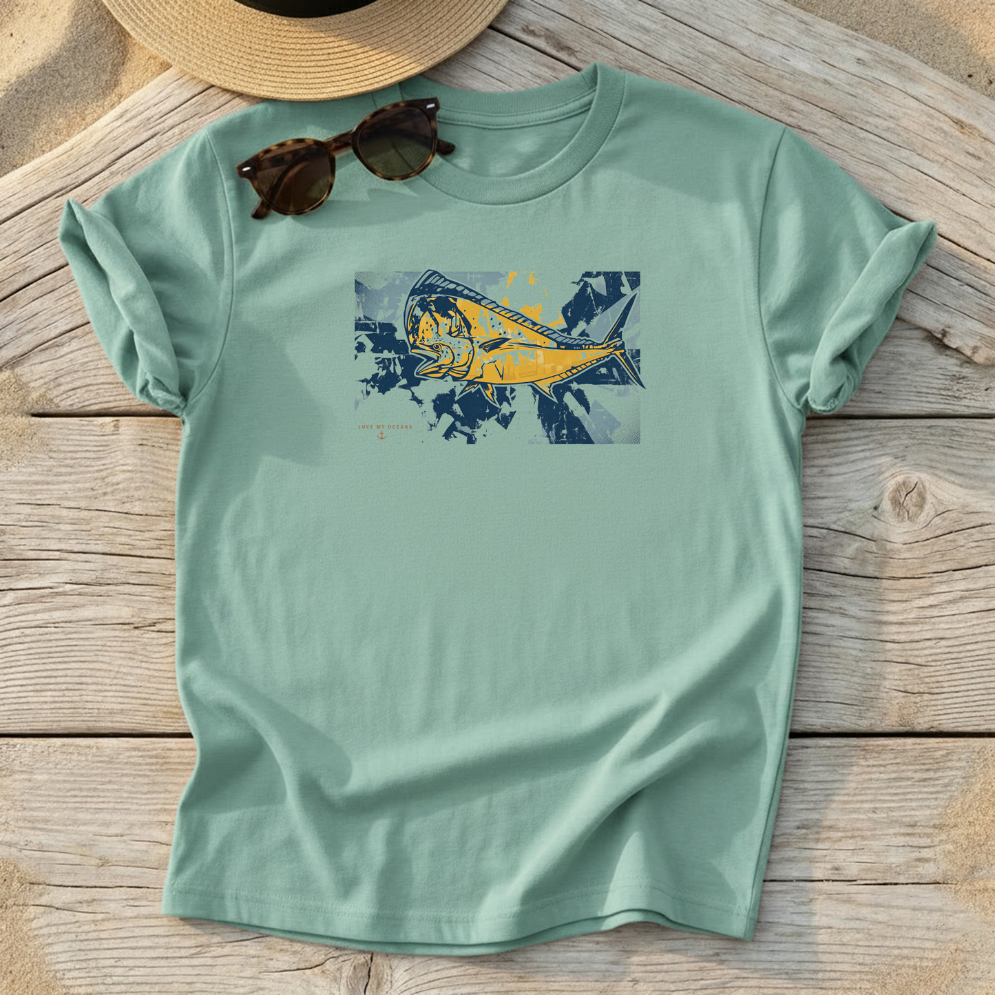 Retro Mahi Tee — vintage offshore mahi-mahi fishing shirt, coastal apparel, Love My Oceans