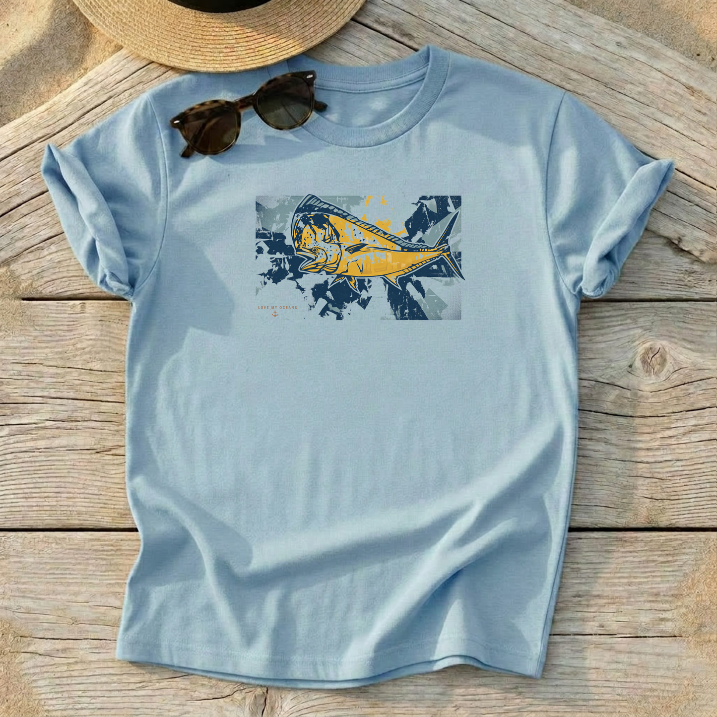 Retro Mahi Tee — vintage offshore mahi-mahi fishing shirt, coastal apparel, Love My Oceans