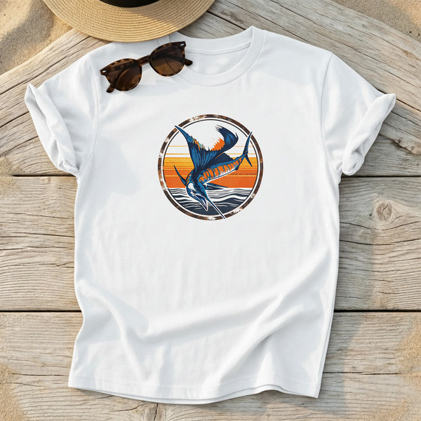 Sailfish Sunset Badge Tee — offshore sailfish fishing shirt, coastal apparel, Love My Oceans