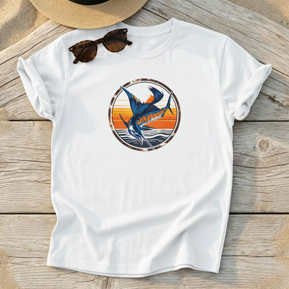 Sailfish Sunset Badge Tee — offshore sailfish fishing shirt, coastal apparel, Love My Oceans