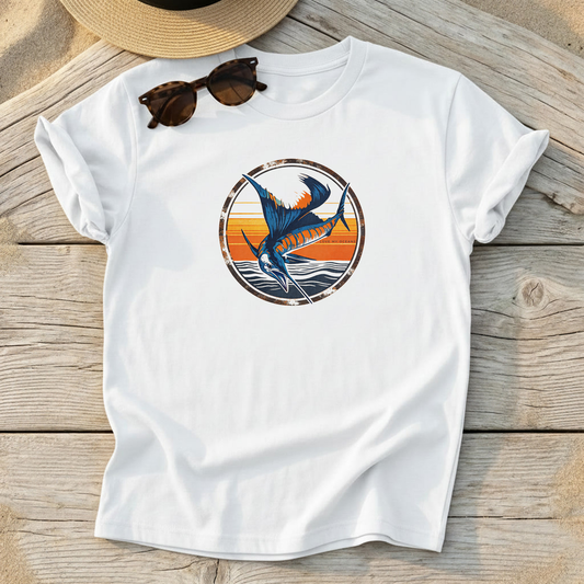 Sailfish Sunset Badge Tee — offshore sailfish fishing shirt, coastal apparel, Love My Oceans