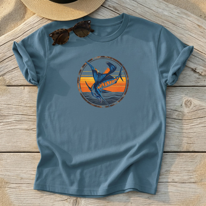Sailfish Sunset Badge Tee — offshore sailfish fishing shirt, coastal apparel, Love My Oceans