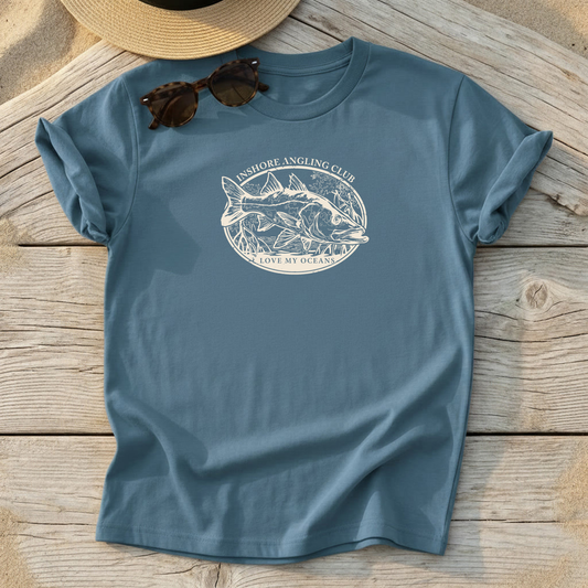 Inshore Angling Club Snook Badge Tee — inshore snook fishing shirt, coastal apparel, Love My Oceans