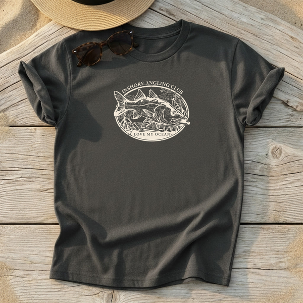 Inshore Angling Club Snook Badge Tee — inshore snook fishing shirt, coastal apparel, Love My Oceans