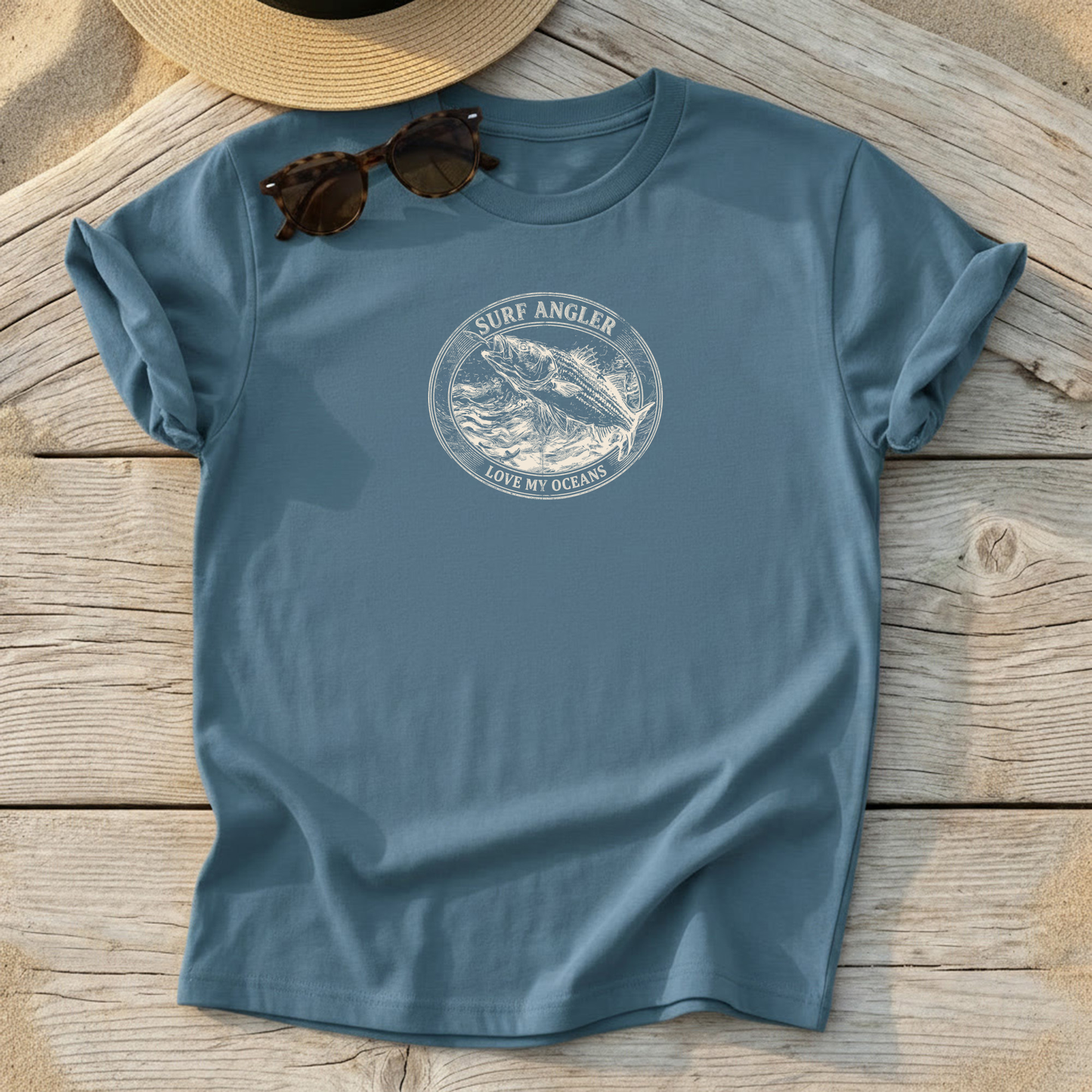 Surf Angler Striped Bass Badge Tee — surf fishing striper shirt, northeast coastal apparel, Love My Oceans