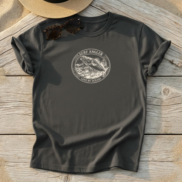 Surf Angler Striped Bass Badge Tee — surf fishing striper shirt, northeast coastal apparel, Love My Oceans