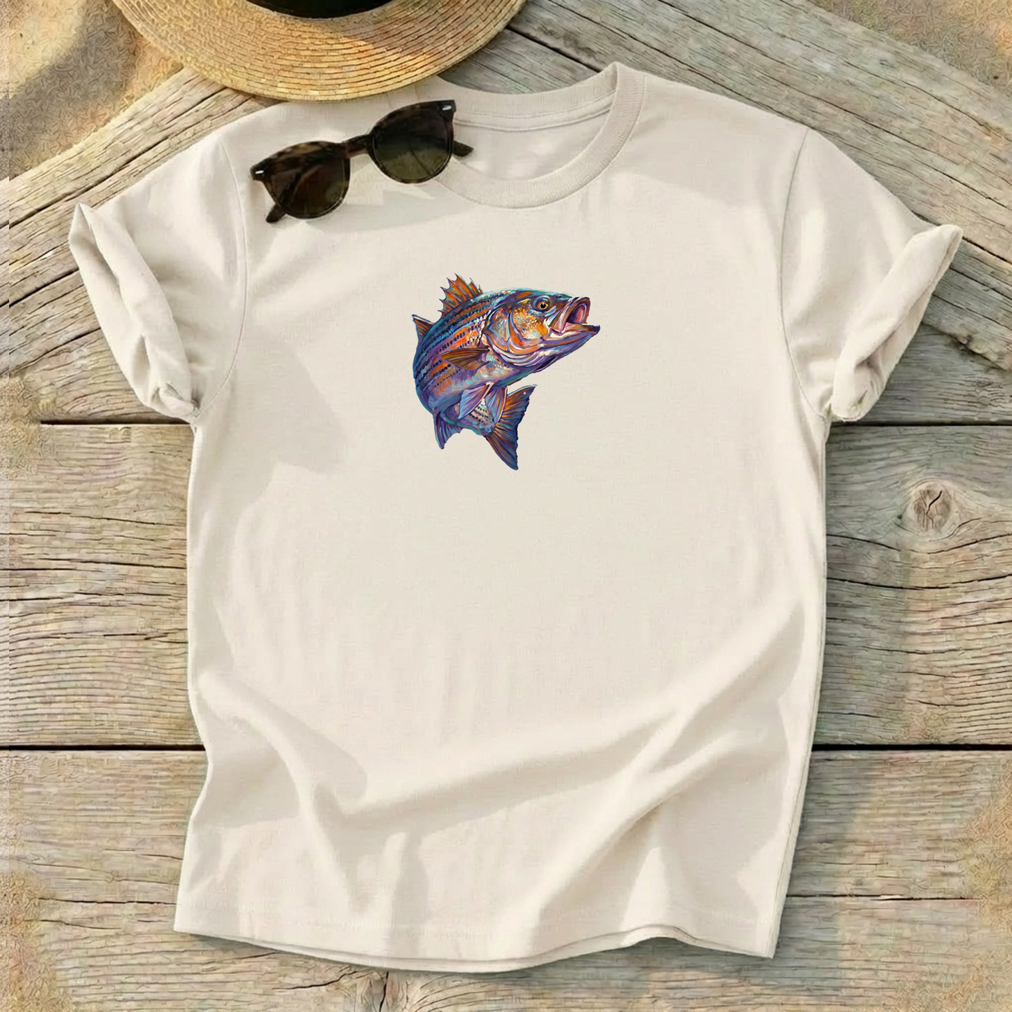 Striped Bass Art Tee — striped bass striper fishing shirt, coastal apparel, Love My Oceans