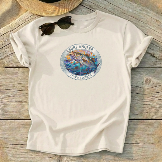 Surf Angler Striped Bass Badge Tee — surf fishing striper shirt, northeast coastal apparel, Love My Oceans