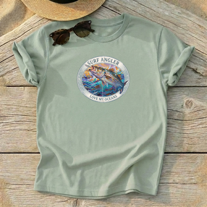 Surf Angler Striped Bass Badge Tee — surf fishing striper shirt, northeast coastal apparel, Love My Oceans