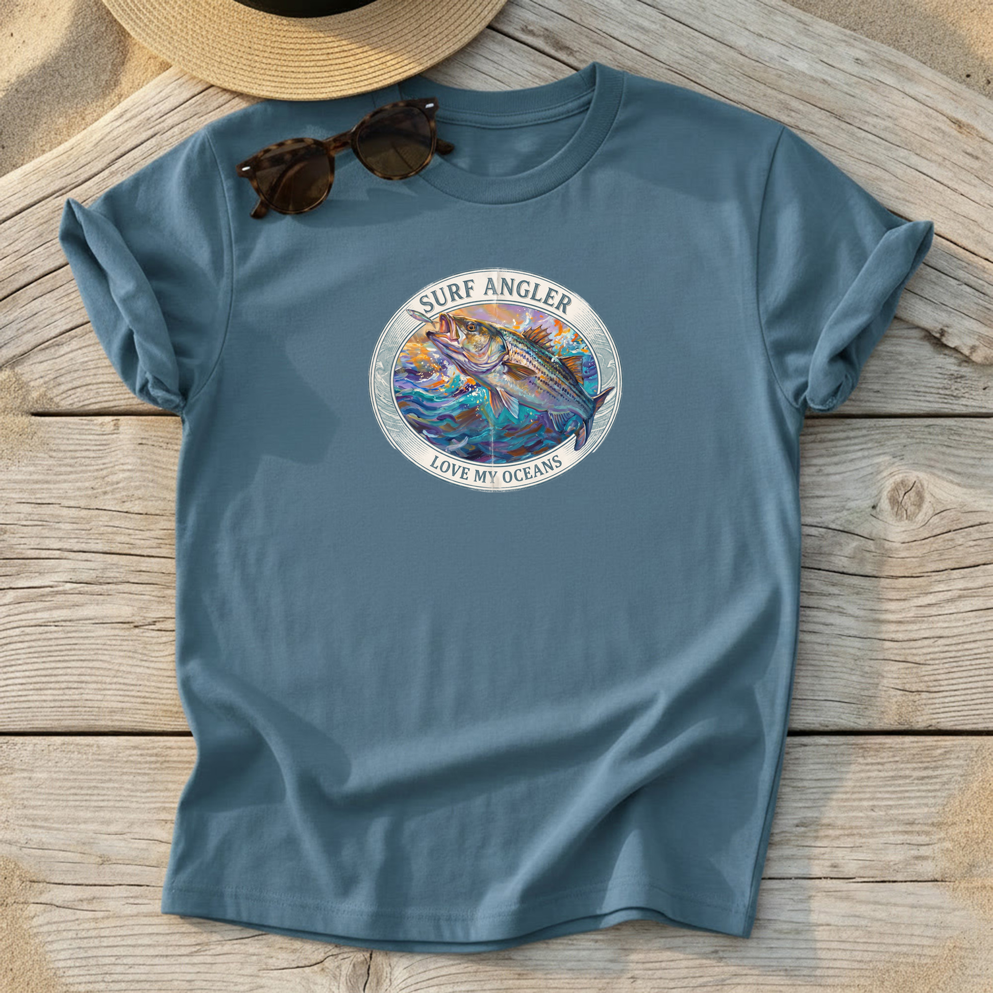 Surf Angler Striped Bass Badge Tee — surf fishing striper shirt, northeast coastal apparel, Love My Oceans