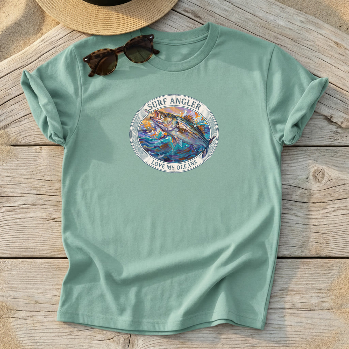 Surf Angler Striped Bass Badge Tee — surf fishing striper shirt, northeast coastal apparel, Love My Oceans