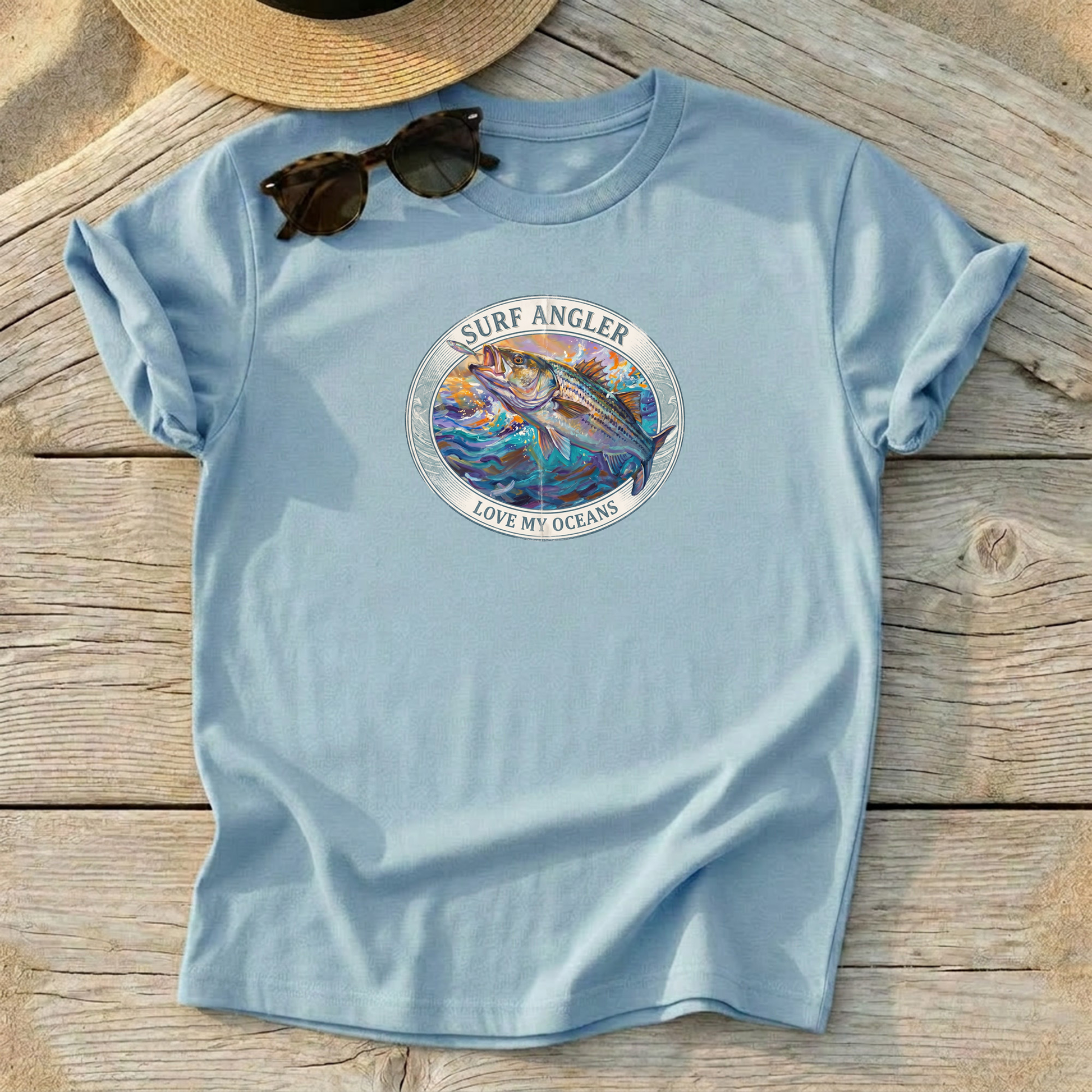Surf Angler Striped Bass Badge Tee — surf fishing striper shirt, northeast coastal apparel, Love My Oceans