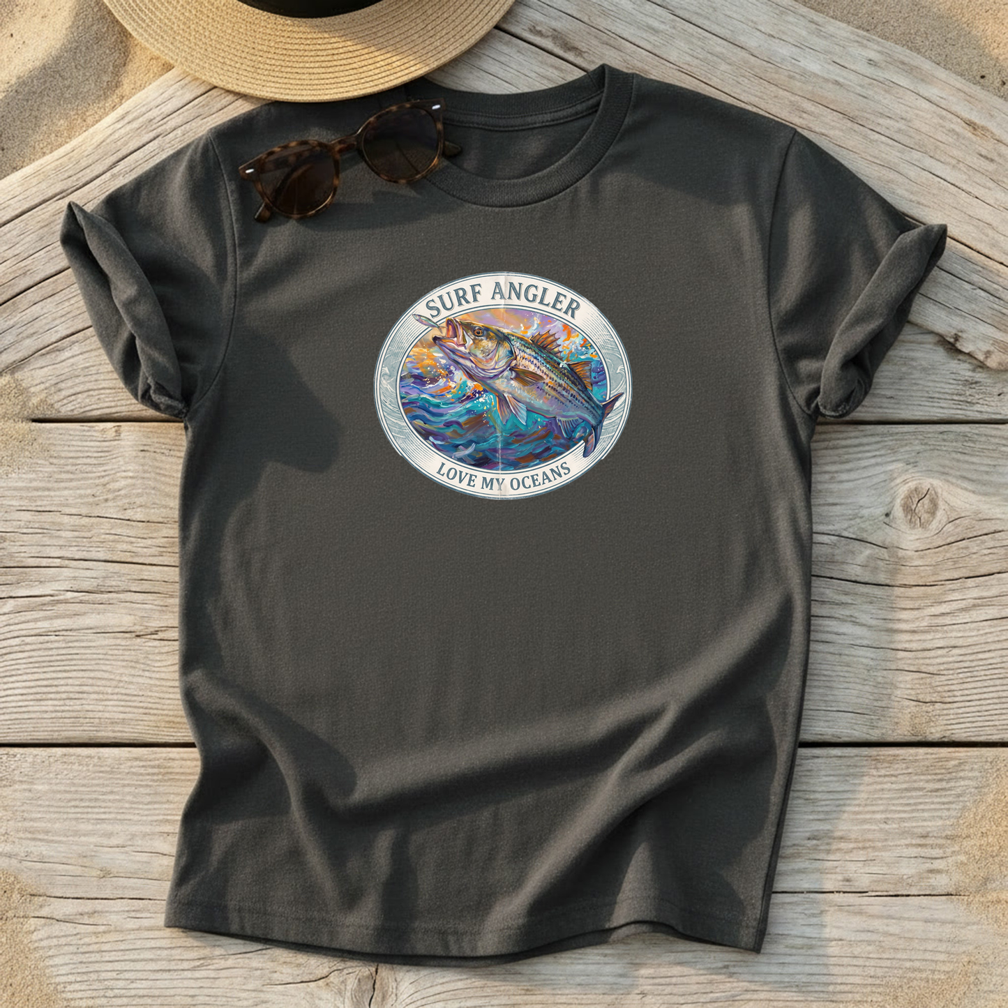 Surf Angler Striped Bass Badge Tee — surf fishing striper shirt, northeast coastal apparel, Love My Oceans