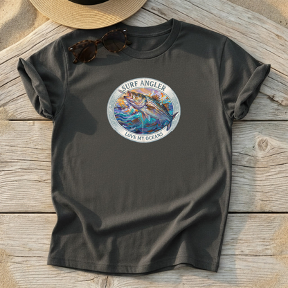 Surf Angler Striped Bass Badge Tee — surf fishing striper shirt, northeast coastal apparel, Love My Oceans