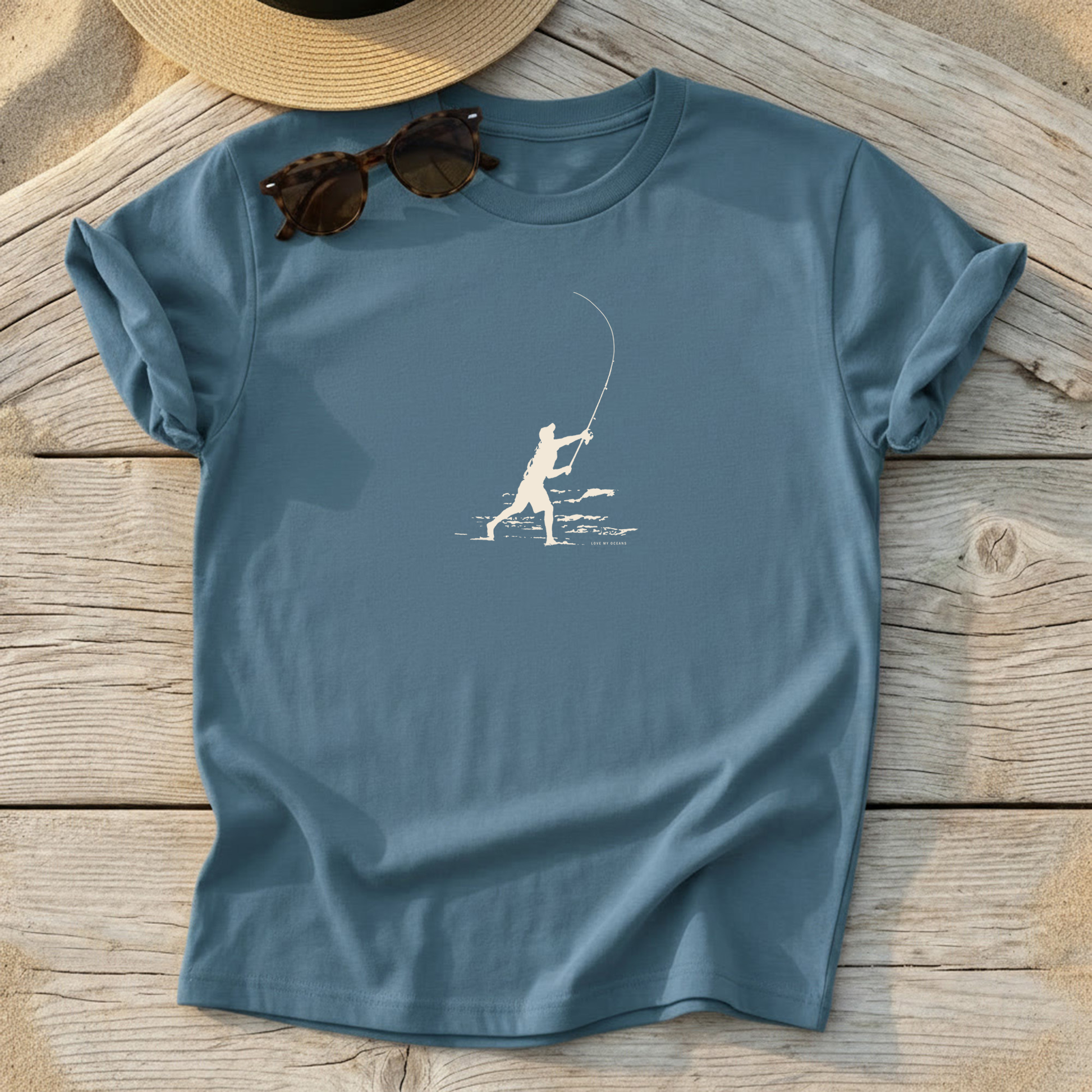 Surfcast Silhouette Tee — surf fishing silhouette shirt, coastal apparel, Love My Oceans