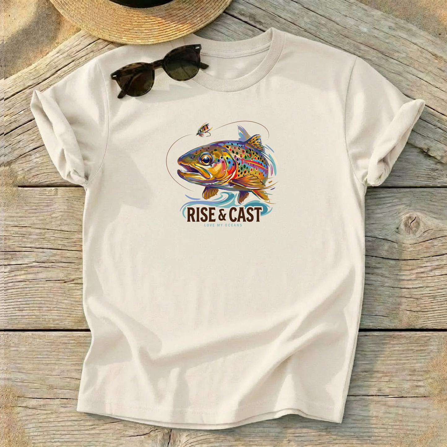 Rise & Cast Trout Tee — fly fishing trout shirt, freshwater angler apparel, Love My Oceans