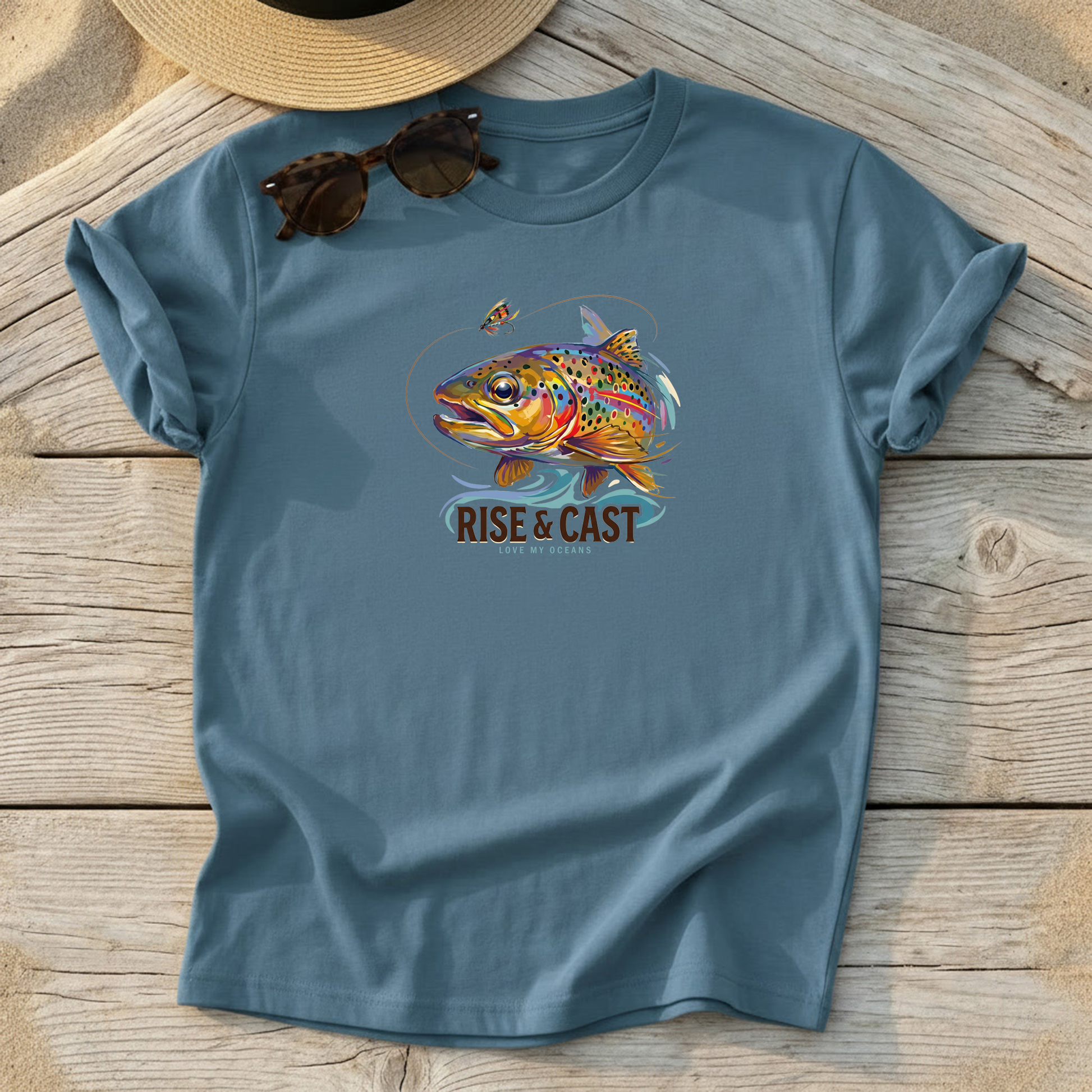 Rise & Cast Trout Tee — fly fishing trout shirt, freshwater angler apparel, Love My Oceans