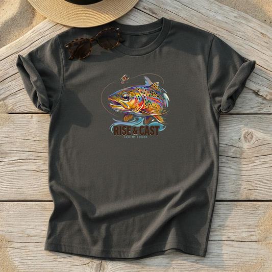 Rise & Cast Trout Tee — fly fishing trout shirt, freshwater angler apparel, Love My Oceans