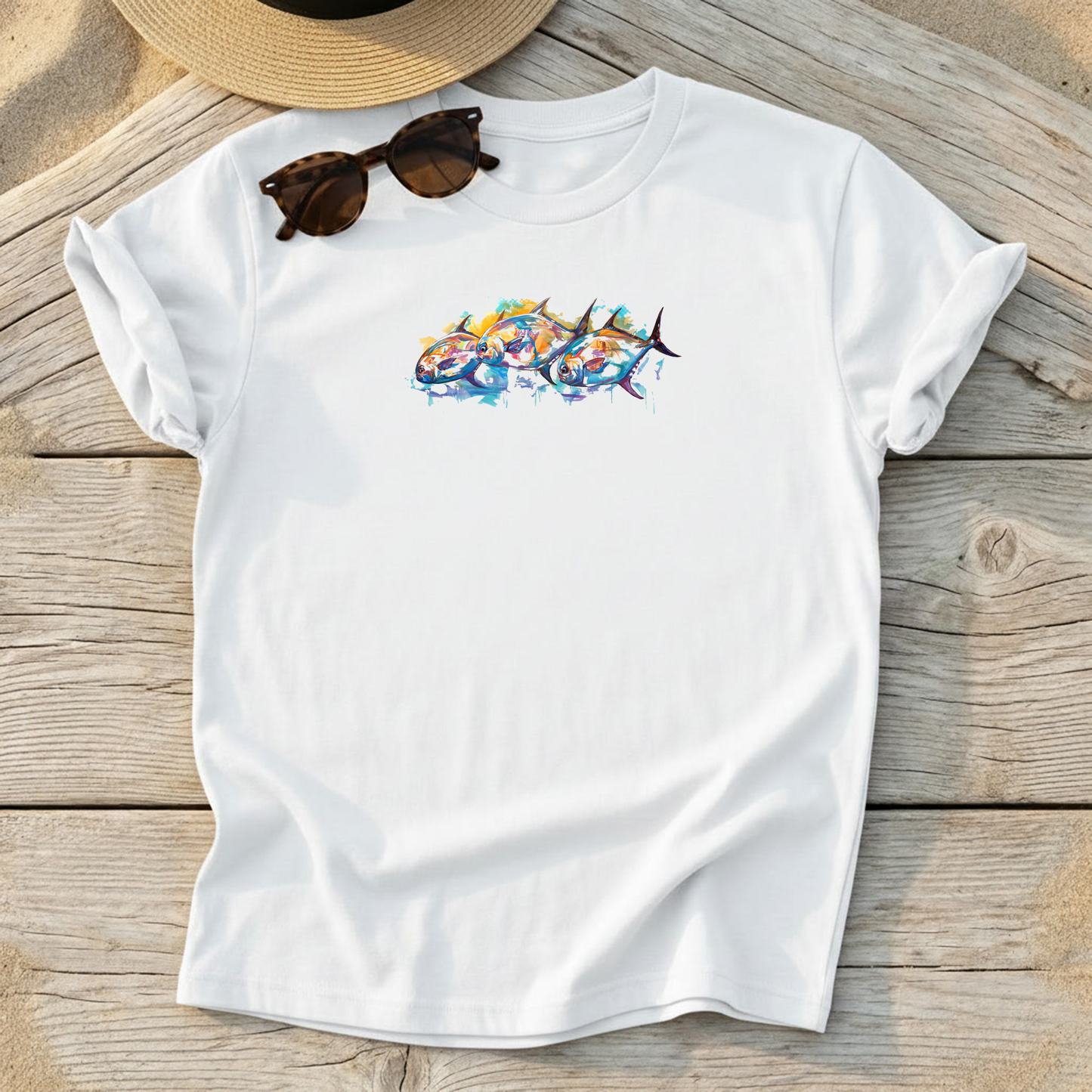 Usual Suspects Permit Tee — permit flats fishing shirt, watercolor fish art, coastal apparel, Love My Oceans