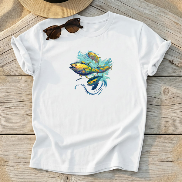Yellowfin Tuna School Tee — swirling tuna school art, offshore fishing shirt, coastal apparel, Love My Oceans