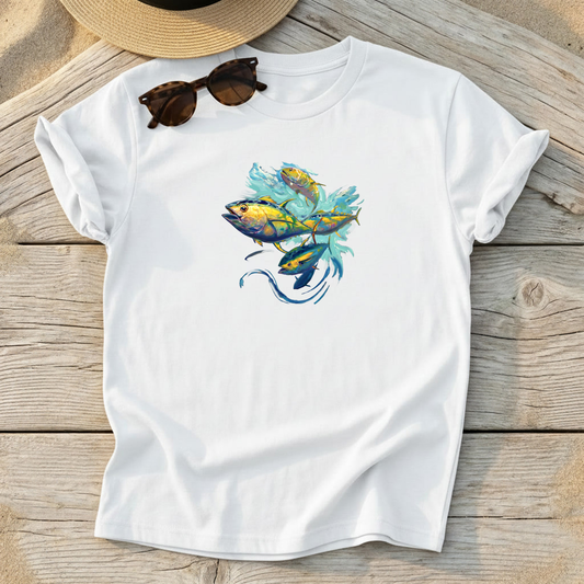 Yellowfin Tuna School Tee — swirling tuna school art, offshore fishing shirt, coastal apparel, Love My Oceans