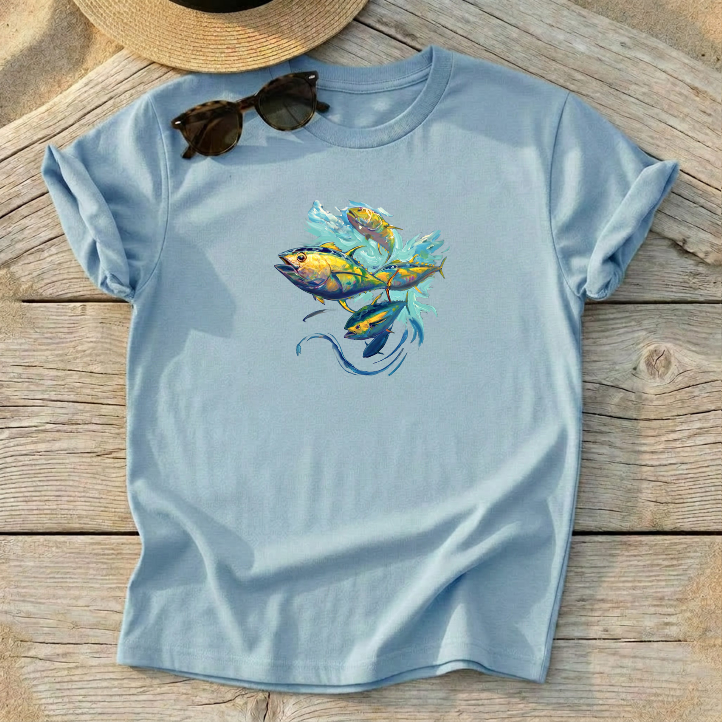 Yellowfin Tuna School Tee — swirling tuna school art, offshore fishing shirt, coastal apparel, Love My Oceans