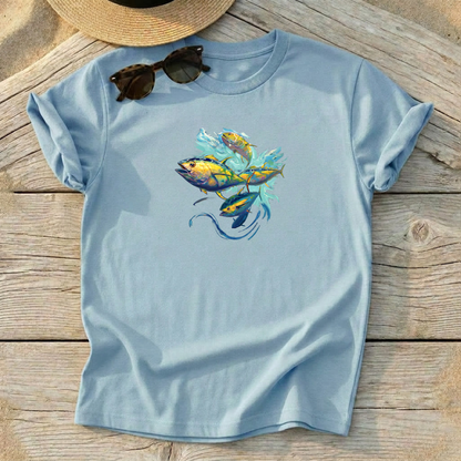 Yellowfin Tuna School Tee — swirling tuna school art, offshore fishing shirt, coastal apparel, Love My Oceans