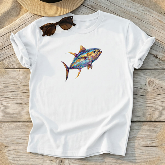 Yellowfin Tuna Portrait Tee — solo fish art, offshore fishing shirt, coastal apparel, Love My Oceans