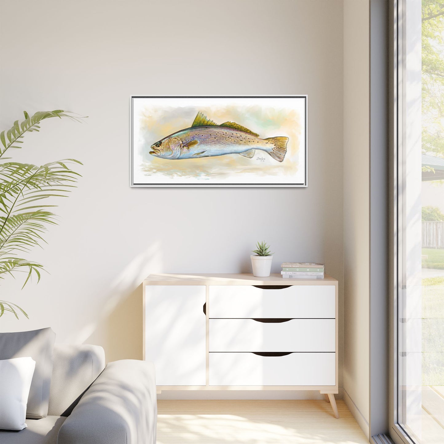 Speckled Trout Illustration — Coastal Gamefish Framed Canvas Art by Mike Savlen