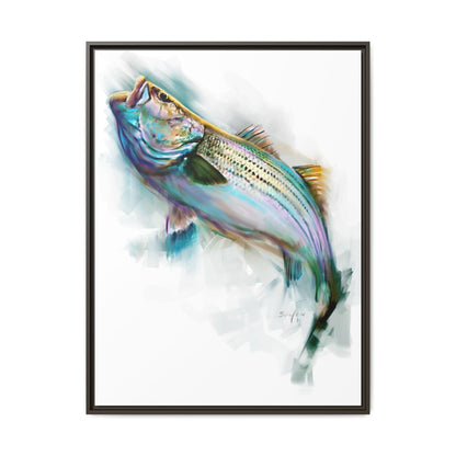 Striper Rise — Striped Bass Framed Art Print by Mike Savlen