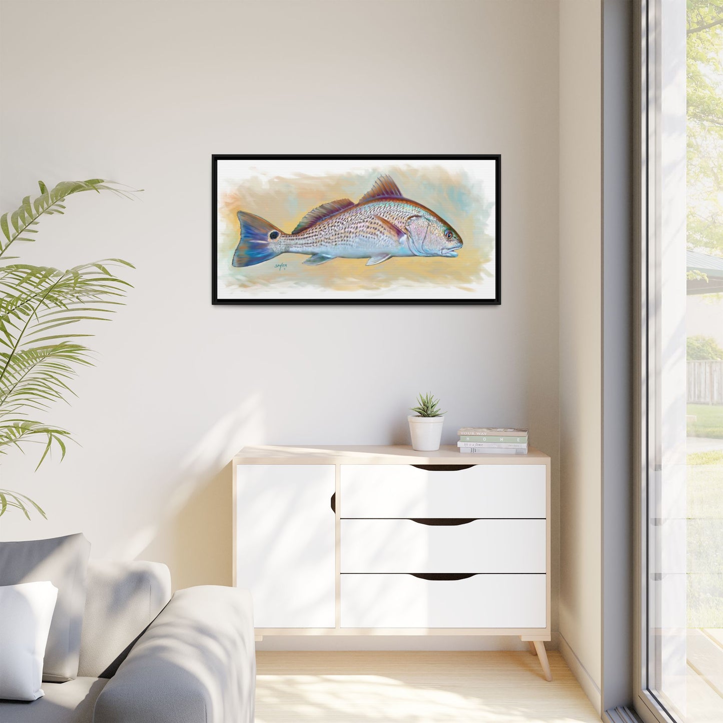 Redfish Illustration — Coastal Gamefish Framed Canvas Art by Mike Savlen