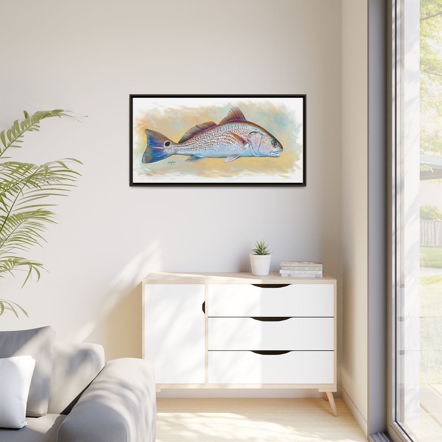 Redfish Illustration — Coastal Gamefish Framed Canvas Art by Mike Savlen