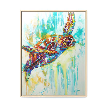 Ascension Hawksbill sea turtle art print by Mike Savlen in a natural wood frame — coastal decor