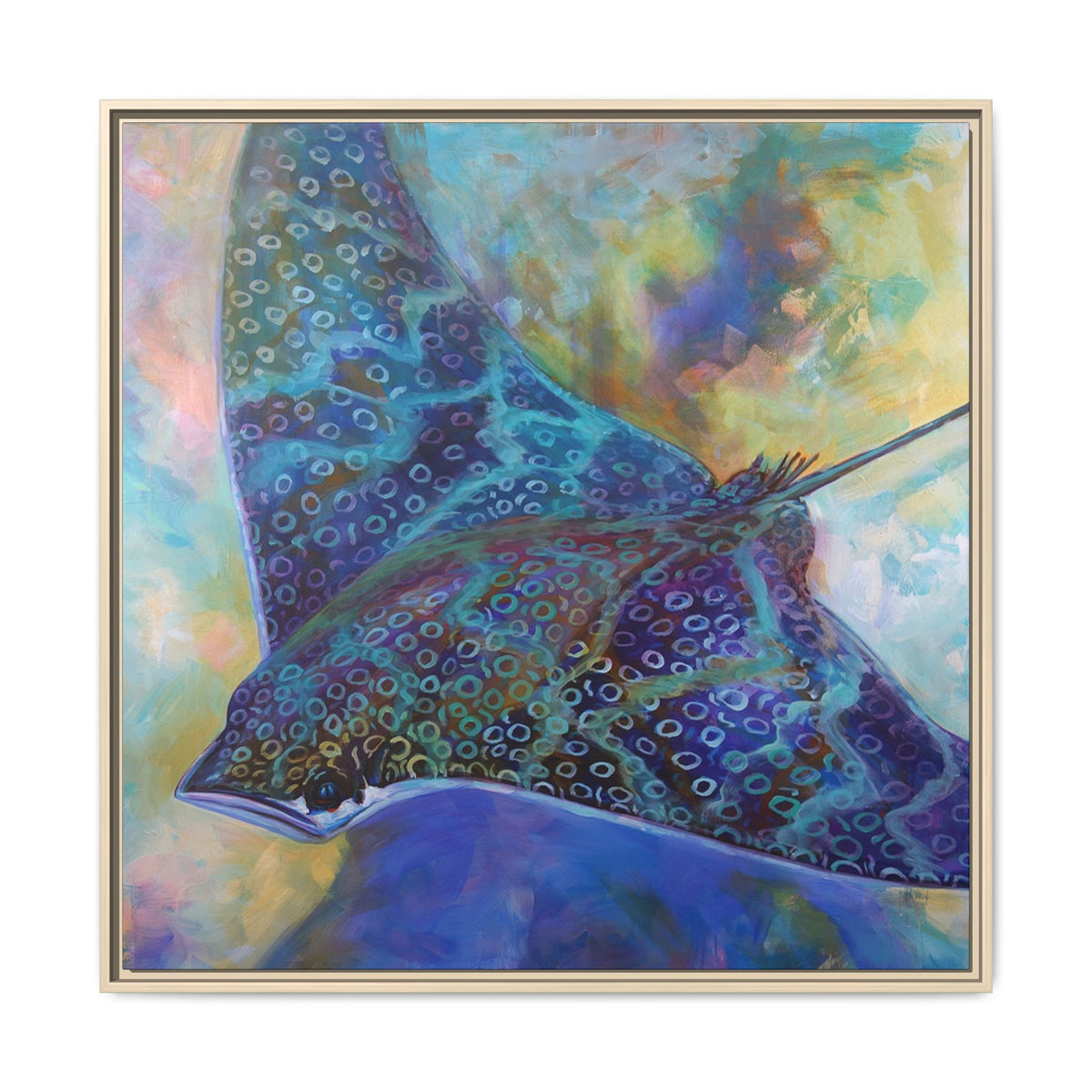 Eagle Ray painting by Mike Savlen in a natural wood frame — colorful spotted eagle ray art print