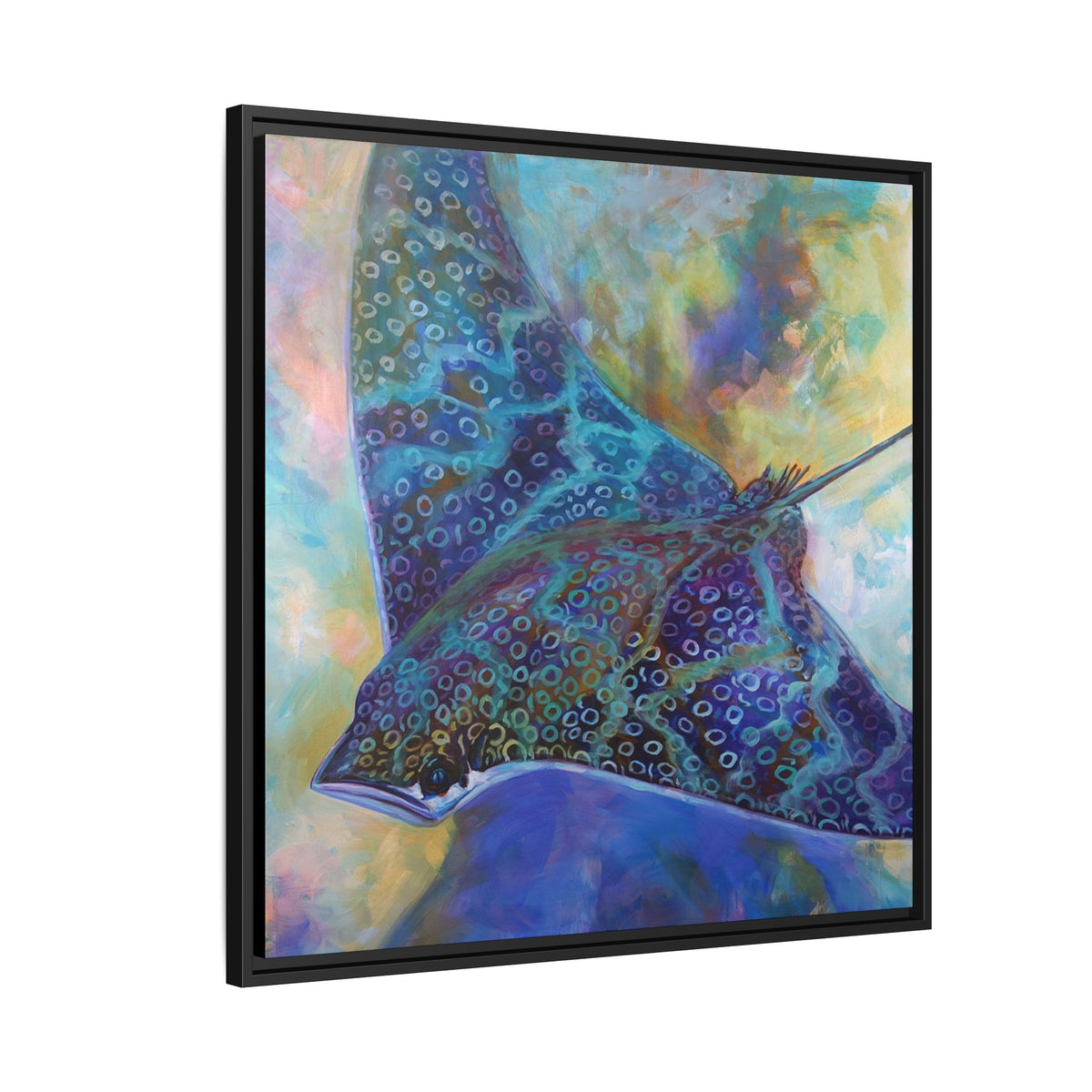 Eagle Ray framed art print, side view of the canvas and floater frame — marine life wall art by Mike Savlen