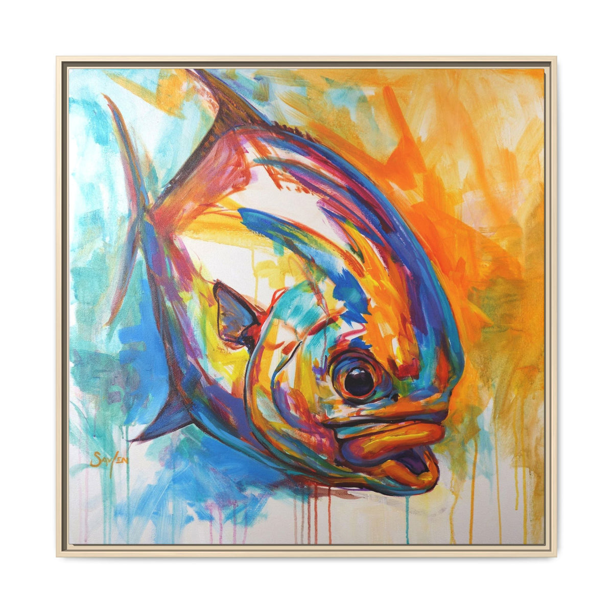 Fire Permit painting by Mike Savlen in a natural wood frame — colorful flats fishing art print